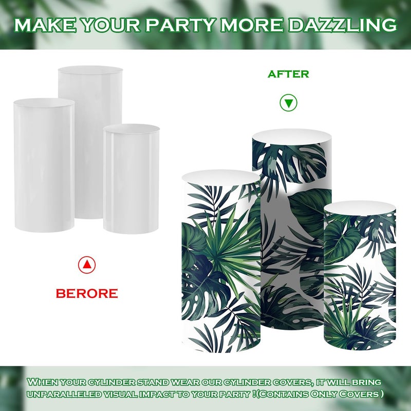 SaitiMade Set of 3 Green Leaves Cylinder Pedestal Stand Covers, 3pcs Spandex Green Leaves Cylinder Stand Covers for Party, Wedding or Birthday Event Decor (Only Contains Cylinder Covers) - Image 3